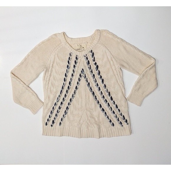 Thistle & Lavender Ivory Cable Knit Blue Ribbon Pullover Sweater Woman's Size XL - Picture 2 of 9